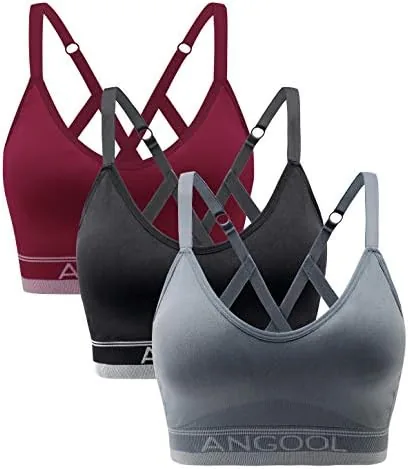 angool strappy sports bra for women longline medium support yoga bra wirefree padded sports bra with adjustable straps red 3 pack